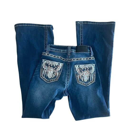 Rodeo Blessed Bootcut Flare Western Jeans Womens Sz 1 Y2K Thick Embroidery - Picture 1 of 5